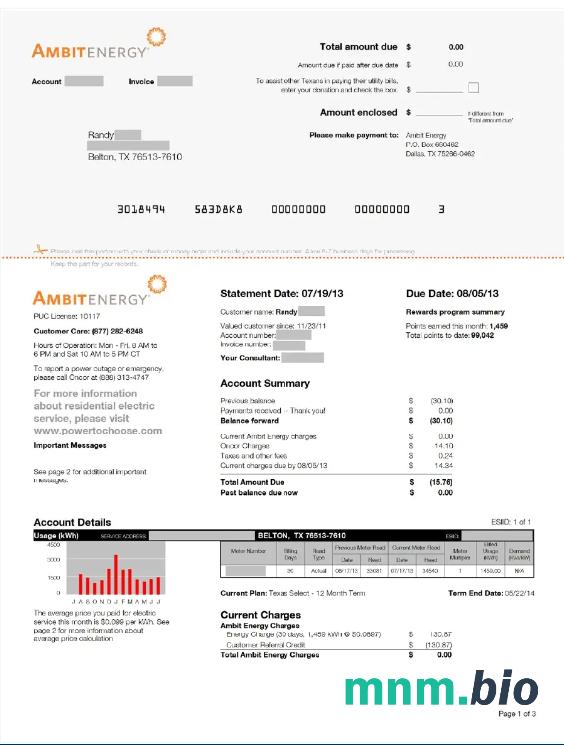 USA AMBIT ENERGY rachunek za media Word i szablon PDF